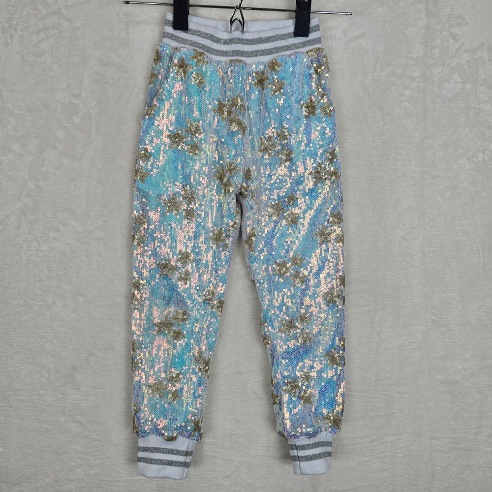 Lola and the Boys Kids Iridescent Sequin Star Joggers Faux Fur Lined Blue Gold 6